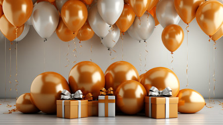 Golden balloons with gift boxes and ribbons. 3D rendering.の素材