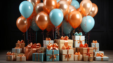 Gift boxes and colorful balloons on wooden background. 3d renderingの素材
