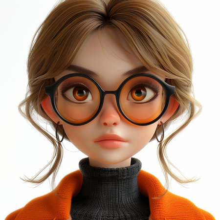 3d rendering of a girl with glasses and an orange sweater on a white backgroundの素材