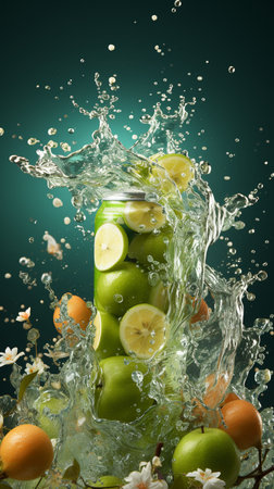 Fresh fruits in water splash on dark green background, close-upの素材