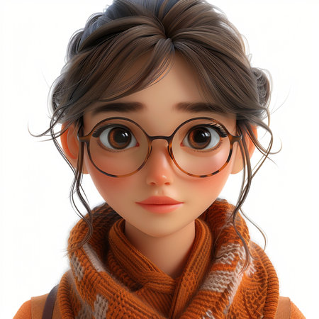 3d illustration of a girl with glasses and a scarf on a white backgroundの素材