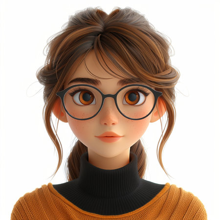 3d rendering of a teenage girl with glasses on a white backgroundの素材