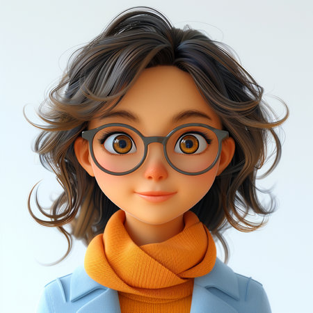 3d illustration of a cute cartoon girl with glasses and a scarfの素材