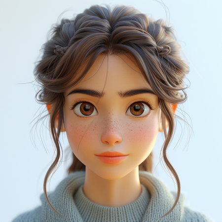 3d rendering of a female doll with hair and frecklesの素材
