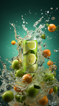 Mixed fruits falling into water with splash, on dark green backgroundの素材