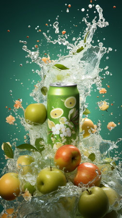 Green can of apple juice with falling apples and splashes on green backgroundの素材