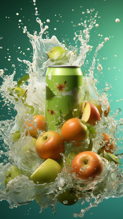 Green can of apple juice with splashes of water on green backgroundの素材