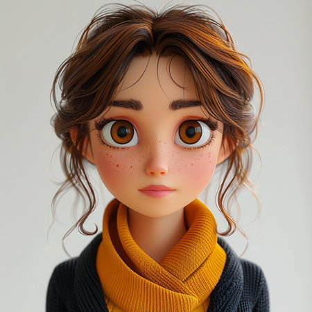 Portrait of a girl with freckles on her face in a warm sweater and scarfの素材