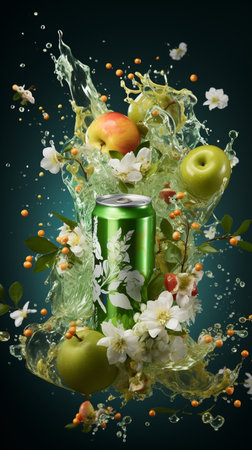 Green can of apple juice with flowers and splashes on dark backgroundの素材