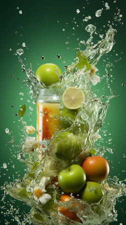 Fresh fruits and juice splashing in water, isolated on green backgroundの素材
