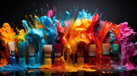 Paint brushes and colorful paint splashes on a black background.の素材