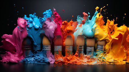 Colorful paint splashes and paintbrushes isolated on black backgroundの素材