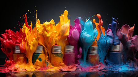 Colorful paint splashes and brushes on black background. Art conceptの素材
