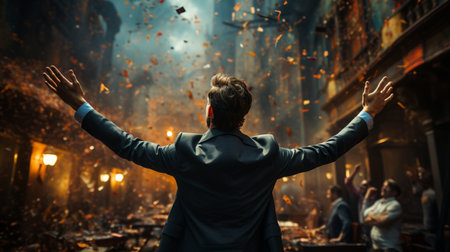 Back view of young businessman in suit throwing confetti in the airの素材