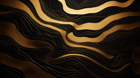 Abstract gold wavy lines on black background. 3d render illustrationの素材