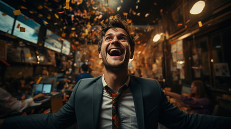 Portrait of a young man in a nightclub with confetti.の素材