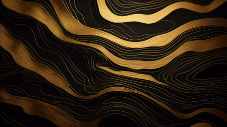Gold wavy lines on black background. Luxury background for designの素材