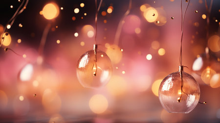 Christmas background with garland lights and glass balls on bokeh backgroundの素材