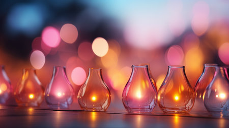 Colorful glass candlesticks with bokeh lights on backgroundの素材