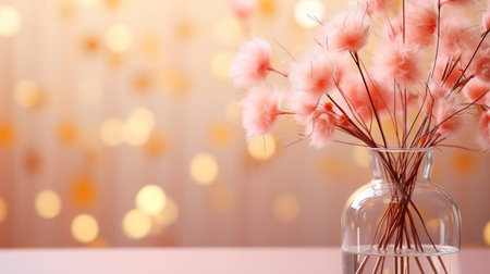 Vase with beautiful dry flowers on table against blurred lights, closeupの素材
