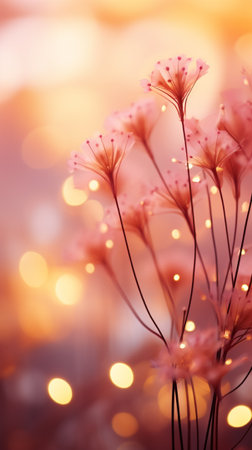 Beautiful pink flower background with bokeh lights and copy spaceの素材