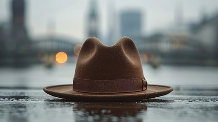 Brown hat on the table in front of the city. 3d renderingの素材