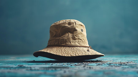 Summer hat on blue wooden background with copy space for your text.の素材