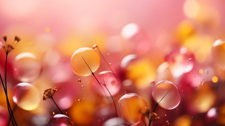 Colorful bokeh background with water drops and flower petalsの素材