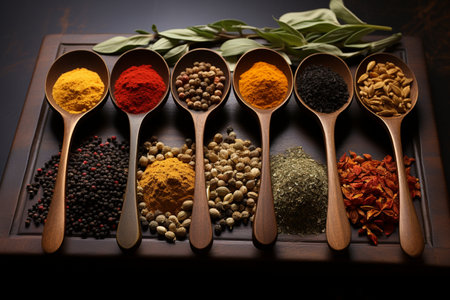Spices and herbs in wooden spoons on a dark background.の素材