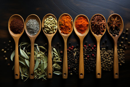 Spices and herbs in wooden spoons. Food and cuisine ingredients.の素材