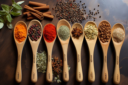 Spices and herbs in wooden spoons on a wooden background.の素材