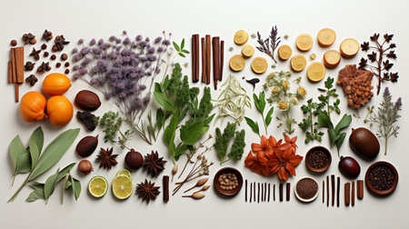 Herbs and spices on white background, top view. Alternative medicineの素材