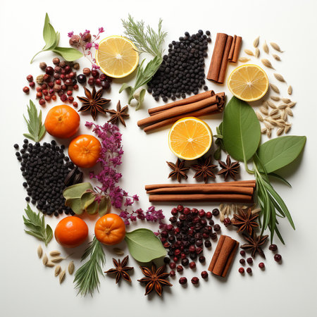 Spices and herbs on white background, top view. Healthy foodの素材
