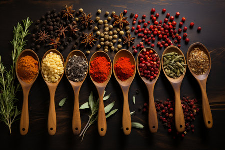 Spices and herbs in wooden spoons on dark wooden background.の素材