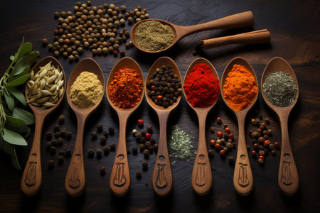 Spices and herbs in wooden spoons. Food and cuisine ingredients.の素材