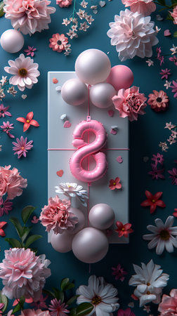 8 March. International Women's Day. Number eight made of pink balloons and flowers on blue background. Flat lay, top view.の素材