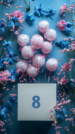 Number 8 on a blue background with pink balloons and blue flowers.の素材