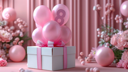 8 March Happy Women's Day with gift box and pink balloons. 3D Renderの素材
