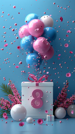 8 March International Womens Day greeting card with pink and blue balloons and pink flowers on blue backgroundの素材