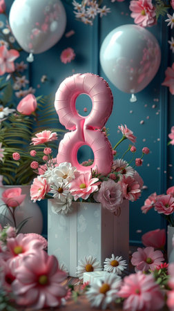 Pink number eight on the background of flowers and balloonsの素材