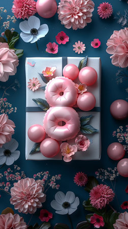 Creative layout made of pink flowers and gift box on blue backgroundの素材