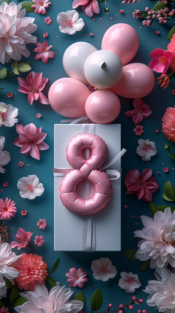 Happy Women's Day, 8th of March, pink balloons and gift box on blue backgroundの素材