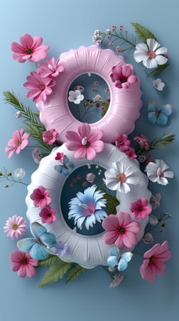 Flower lifebuoy with pink and blue flowers on blue backgroundの素材