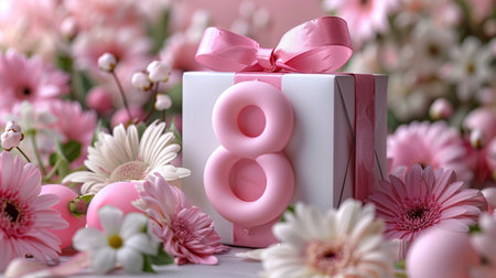 Number 8 on a white gift box with pink gerbera flowersの素材