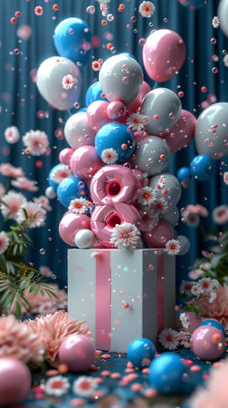 birthday background with pink and blue balloons, confetti and gift boxの素材