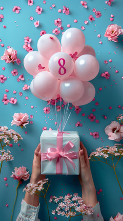Women's hands holding a gift box with pink and white balloons and flowers on blue backgroundの素材