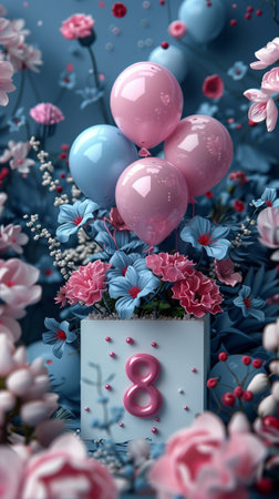 8 March. International Women's Day. Flower bouquet with pink balloons on blue background. 3d illustrationの素材