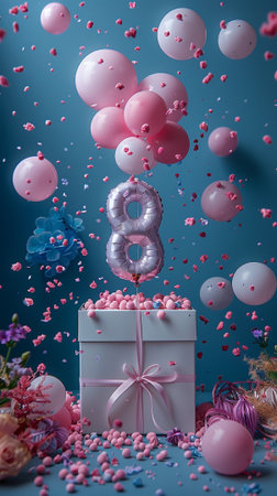 Number 8 birthday celebration cake with pink balloons, confetti and gift box. 3D Renderの素材