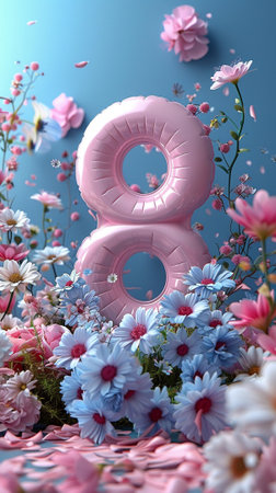 8 March. International Women's Day. Number eight on a background of flowersの素材