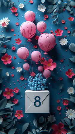 8 March International Women's Day holiday background with flowers and balloons.の素材
